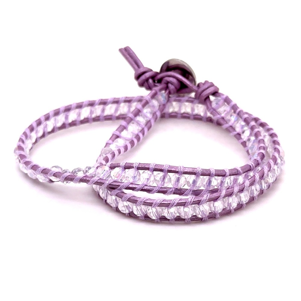 Victoria Emerson Lilac Purple Leather Double Wrap Bracelet Clear Crystal Beads